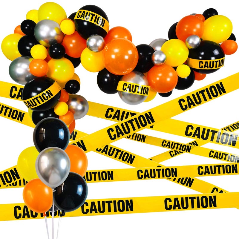 Haptda Quarantine Balloon Garland & Arch Kit  74 Pack 12Inch 5Inch Black  Orange  Yellow  Silver Latex Balloons Strip Set with Caution Tape for Quarantine Birthday Party Decorations Construction - Image 1